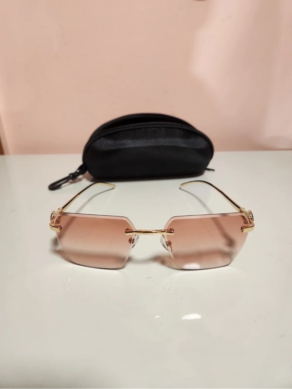 Unisex Rimless Rectangle Sunglasses Gold Metal Frame Pink Gradient Lenses